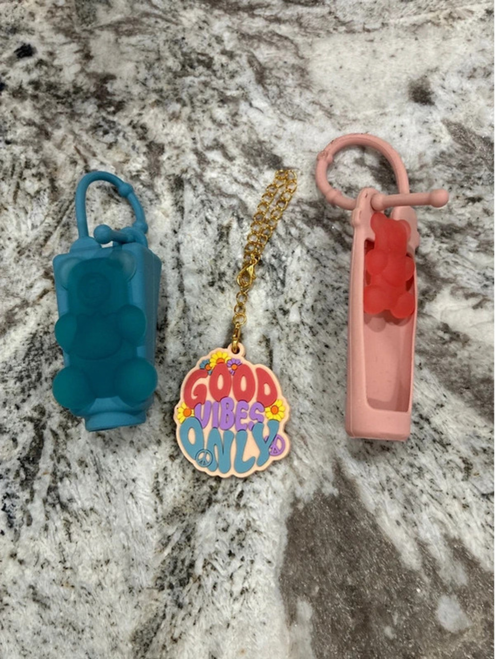 Silicone Bear Hand Sanitizer Holders with Good Vibes Only Keychain